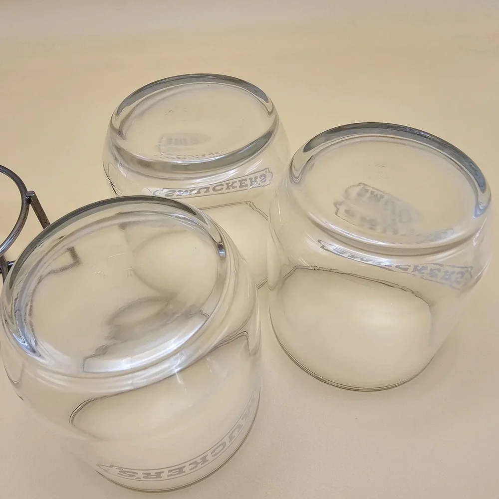 Vintage Smuckers‎ Glass Jam Jelly Condiment Jars Set of 3 with Metal Caddy